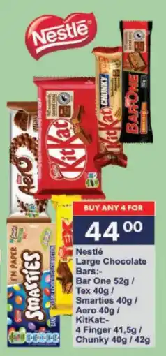 President Hyper Nestlé Large Chocolate Bars Bar One/ Tex/ Smarties/ Aero/ KitKat 4 Finger/ Chunky offer