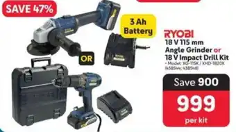 Makro RYOBI 18 V 115 mm Angle Grinder or 18 V Impact Drill Kit offer