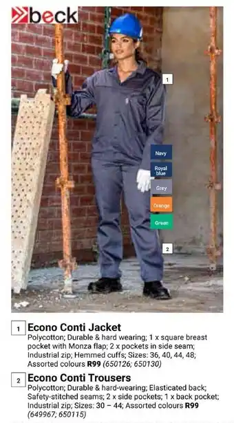 Builders Express Beck Econo Conti Jacket or Econo Conti Trousers offer