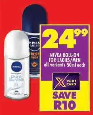 Shoprite Nivea roll-on for ladies/men all variants offer