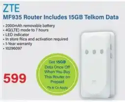 Incredible Connection ZTE MF935 Router Includes 15GB Telkom Data offer