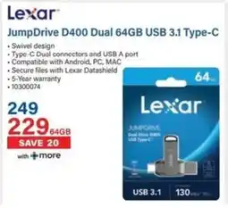 Incredible Connection Lexar JumpDrive D400 Dual 64GB USB 3.1 Type-C offer