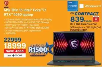 Incredible Connection MSI Thin 15 Intel Core i7 RTX 4050 laptop offer