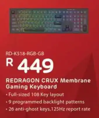 Computer Mania REDRAGON CRUX Membrane Gaming Keyboard offer