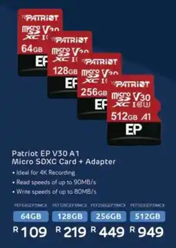 Computer Mania Patriot EP V30 A1 Micro SDXC Card + Adapter offer