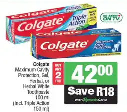 Spar Colgate Maximum Cavity Protection, Gel, Herbal, or Herbal White Toothpaste (Incl. Triple Action) offer