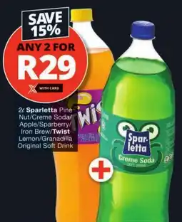 Checkers Sparletta Pine Nut/Creme Soda/ Apple/Sparberry/ Iron Brew/Twist Lemon/Granadilla Sparkling Original Soft Drink offer