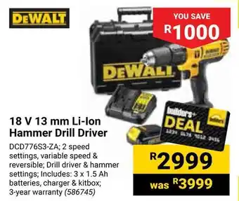 Builders Warehouse DEWALT 18 V 13 mm Li-Ion Hammer Drill Driver offer