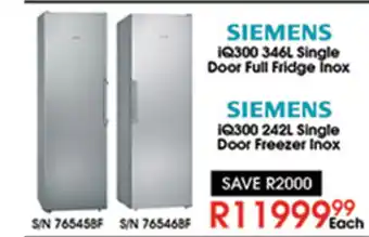 Hirsch's Siemens - iQ300 346L Single Door Full Fridge Inox / iQ300 242L Single Door Freezer Inox offer