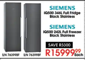 Hirsch's Siemens - iQ500 346L Full Fridge Black Stainless / iQ500 242L Full Freezer Black Stainless offer