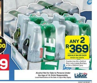 Pick n Pay Castle Lite 24 x 340ml Non-Returnable Bottles or 24 x 330ml Cans offer