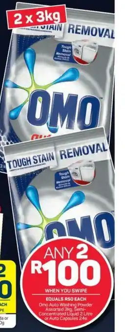 Pick n Pay Omo Auto Washing Powder Assorted 3kg, Semi-Concentrated Liquid 2 Litre or Auto Capsules 24s offer
