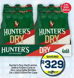 Pick n Pay Hypermarket Hunter's Dry, Hard Lemon, Gold or Export Cans or Non-returnable Bottles offer