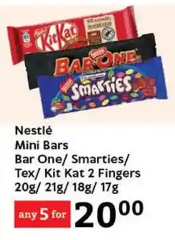 Oxford Freshmarket Nestlé Mini Bars Bar One/ Smarties/ Tex/ Kit Kat 2 Fingers offer