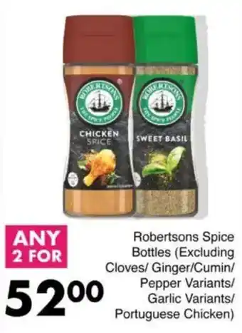 Save Robertsons Spice Bottles (Excluding Cloves/Ginger/Cumin/ Pepper Variants/ Garlic Variants/ Portuguese Chicken) offer