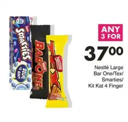 Save Nestlé Large Bar One/Tex/ Smarties/ Kit Kat 4 Finger offer