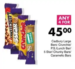 Save Cadbury Large Bars: Crunchie/ P.S./Lunch Bar/ 5 Star/ Chunky Bars/ Caramello Bars offer