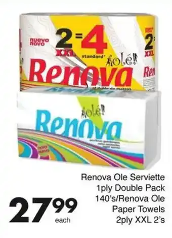 Save Renova Ole Serviette 1ply Double Pack/Renova Ole Paper Towels 2ply XXL offer