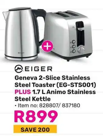 Game EIGER Geneva 2-Slice Stainless Steel Toaster (EG-STS001) PLUS Animo Stainless Steel Kettle offer