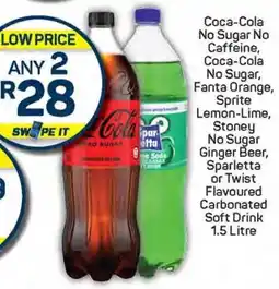 Pick n Pay Coca-Cola No Sugar No Caffeine, Coca-Cola No Sugar, Fanta Orange, Sprite Lemon-Lime, Stoney No Sugar Ginger Beer, Sparletta offer