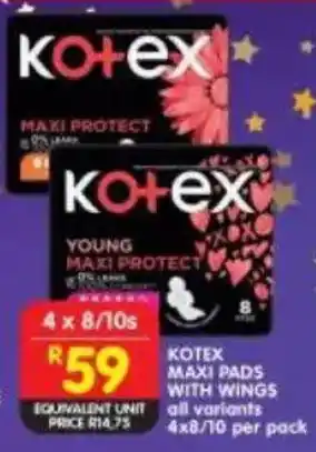 Shoprite Kotex maxi pads with wings all variants offer