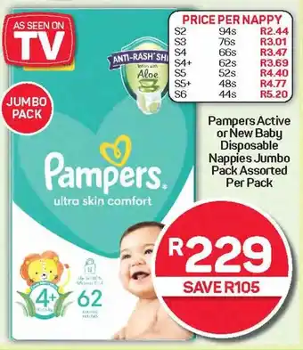 Pick n Pay Hypermarket Pampers Active or New Baby Disposable Nappies Jumbo Pack Assorted Per Pack offer