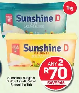 Pick n Pay Hypermarket Sunshine D Original 60% or Lite 40% Fat Spread Tub offer