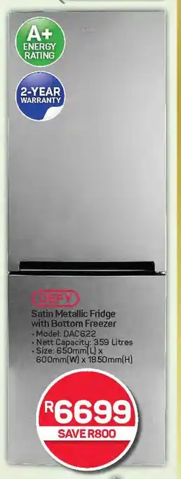 Pick n Pay Hypermarket DEFY Satin Metallic Fridge with Bottom Freezer offer