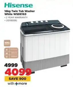 HiFi Corp Hisense Twin Tub Washer White WSDE163 offer