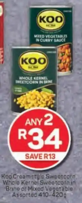 Pick n Pay Koo Creamstyle Sweetcorn, Whole Kernej Sweetcofnin Brine or Mixed Vegetable Assorted offer