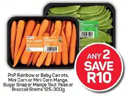 Pick n Pay Hypermarket PnP Rainbow or Baby Carrots, Mini Corn or Mini Corn Mange, Sugar Snap or Mange Tout Peas or Broccoli Stems offer