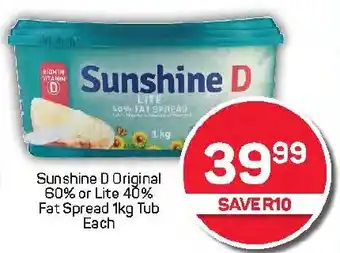 Pick n Pay Hypermarket Sunshine D Original 60% or Lite 40% Fat Spread Tub offer