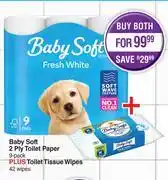 Dis-Chem Baby Soft 2 Ply Toilet Paper 9 Pack Plus Toilet Tissue Wipes 42 Wipes-Both For offer