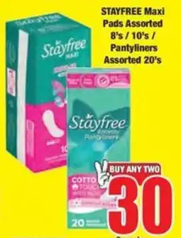 Boxer STAYFREE Maxi Pads Assorted/ Pantyliners Assorted offer