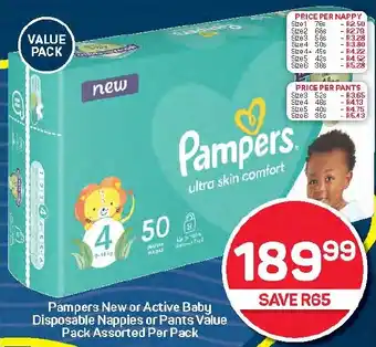 Pick n Pay Hypermarket Pampers New or Active Baby Disposable Nappies or Pants Value Pack Assorted Per Pack offer