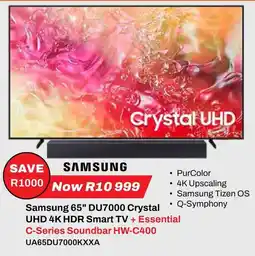 Expert Samsung 65" DU7000 Crystal UHD 4K HDR Smart TV + Essential C-Series Soundbar HW-C400 offer