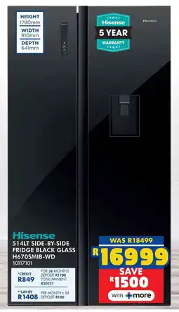 Russells Hisense side-by-side fridge black glass offer