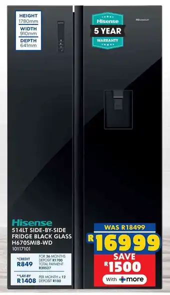 Russells Hisense side-by-side fridge black glass offer