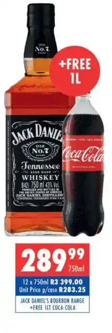 Ultra Liquors Jack Daniel's Bourbon range + free 1 LT coca-cola offer