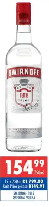 Ultra Liquors Smirnoff 1818 original vodka offer