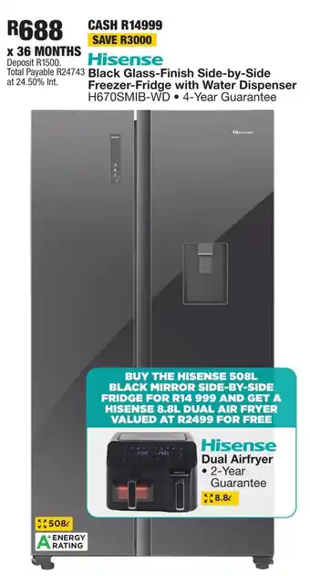 OK Furniture Hisense Black Glass-Finish Side-by-Side Freezer-Fridge with Water Dispenser offer