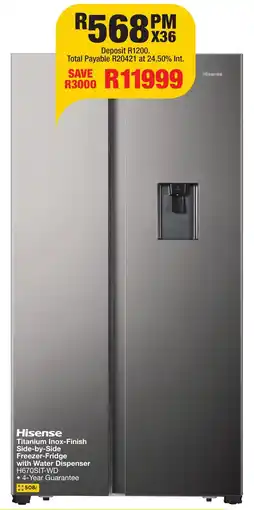 OK Furniture Hisense Titanium Inox-Finish Side-by-Side Freezer-Fridge with Water Dispenser offer