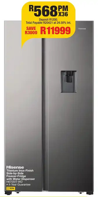 OK Furniture Hisense Titanium Inox-Finish Side-by-Side Freezer-Fridge with Water Dispenser offer