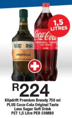 OK Liquor Klipdrift Premium Brandy PLUS Coca-Cola Original Taste Less Sugar Soft Drink offer