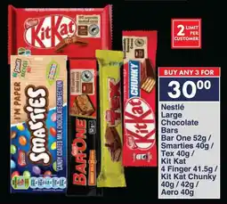 President Hyper Nestlé Large Chocolate Bars Bar One/ Smarties/ Tex/ Kit Kat 4 Finger/ Kit Kat Chunky/ Aero offer