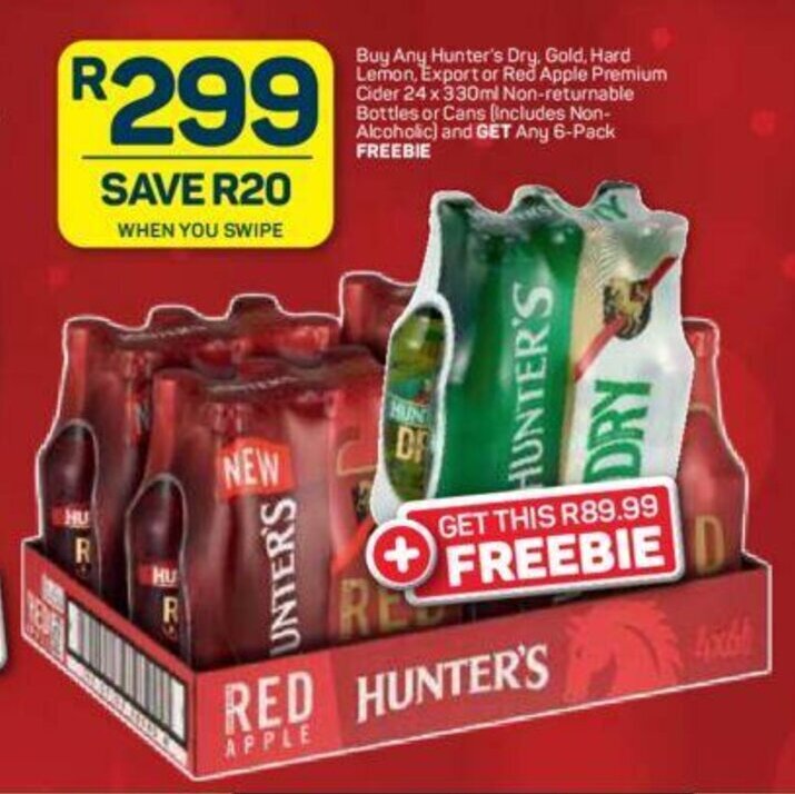 Hunter's Dry, Gold, Hard Lemon, Export or Red Apple Premium Cider 24 x 330ml NonReturnable