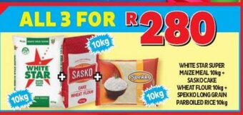 Usave White Star Super Maize Meal 10kg + Sasko Cake Wheat Flour 10kg + Spekko Long Grain Parboiled Rice 10kg offer