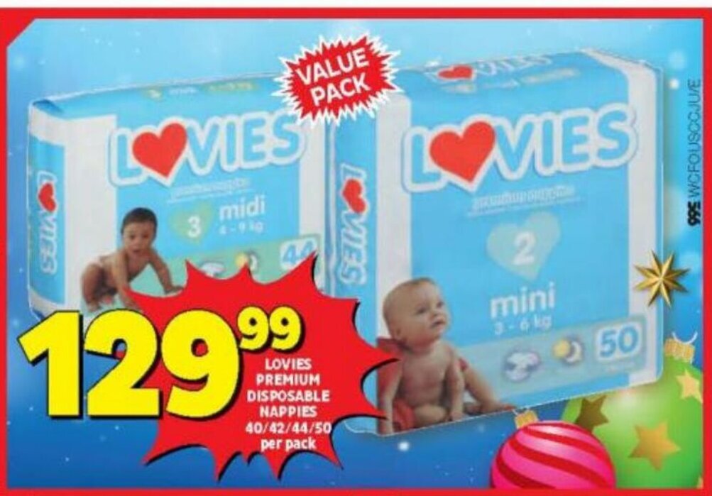 Lovies Premium Disposable Nappies 40/42/44/50 per pack offer at Usave