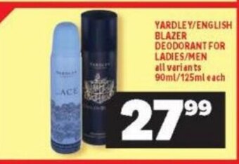 Usave Yardley / English Blazer Deodorant for Ladies / Men All Variants 90ml / 125ml each offer