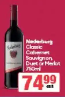 Spar Tops Nederburg Classic Cabernet Sauvignon Duet or Merlot offer